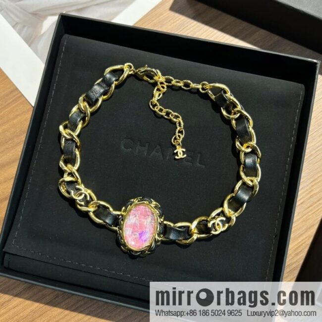New ☑️ Chanel pink gemstone black leather rope necklace necklace
