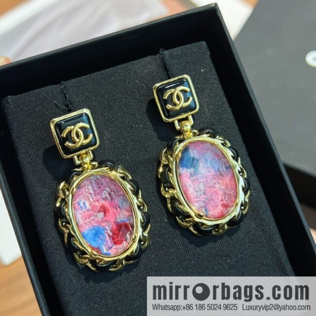 New ☑️ Chanel pink gemstone black leather rope stud earrings