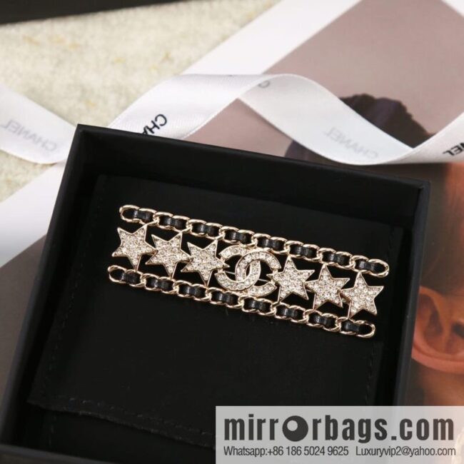New ☑️ Chanel full diamond double c star black leather rope brooch