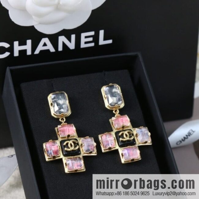 New ☑️ Chanel c2 double c pink diamond cross earrings