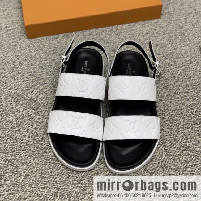 LV/Louis Vuitton white printed men\'s sandals with black outsoles
