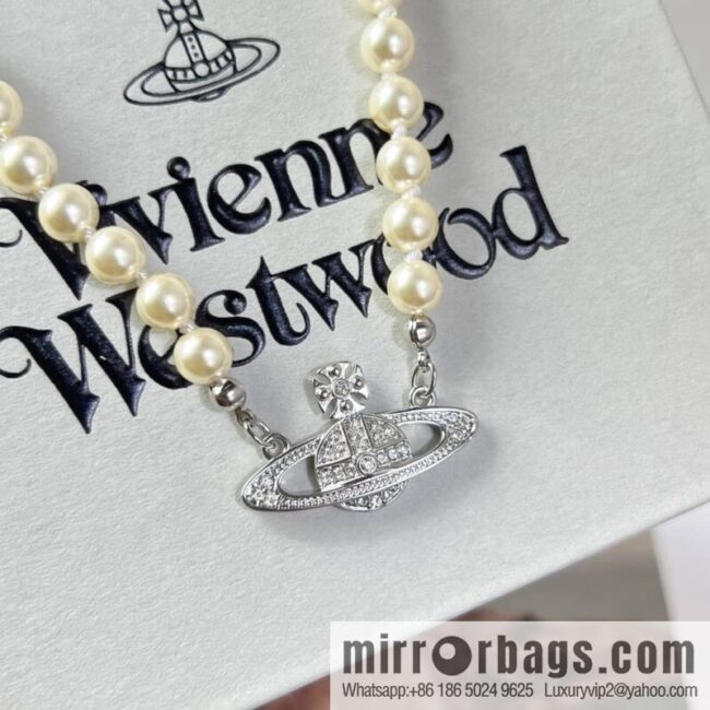 New ☑️ Vivienne Westwood Queen Mother Full Diamond Saturn Pearl Necklace