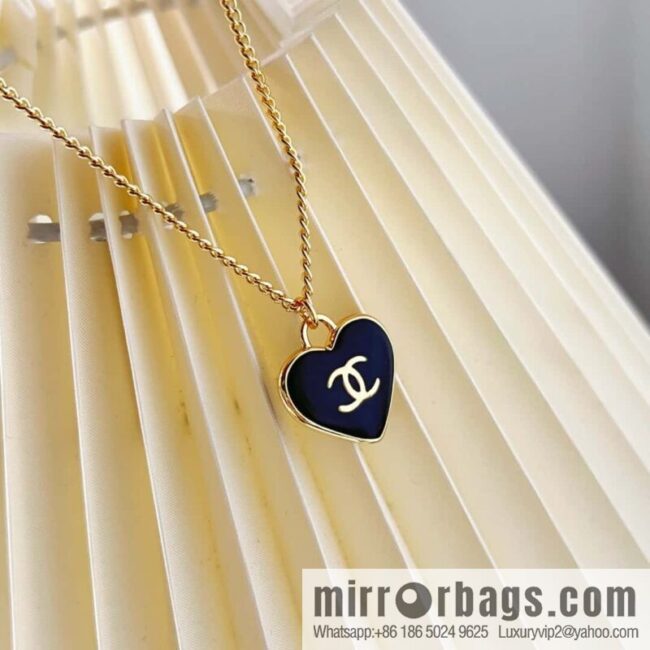 Chanel double c black peach heart love necklace