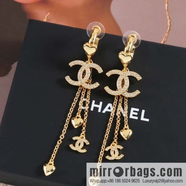 New ☑️ Chanel c3 gold double c tassel love peach heart stud earrings