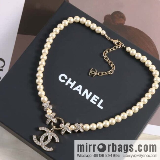 New ☑️ Chanel Double C Full Diamond Cross Pearl Necklace
