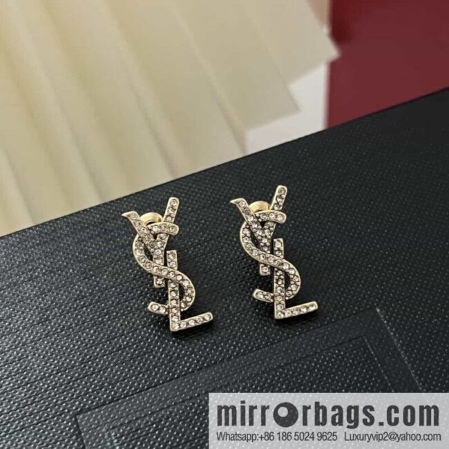 Saint Laurent gold YSL full diamond stud earrings