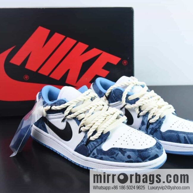 NK Air Jordan 1 Low \"Washed Denim\" Joe 1 Jordan 1st Generation Low Top Denim, Washed Denim, Cashew Flower Hemp Rope Item Number: DM8947-100