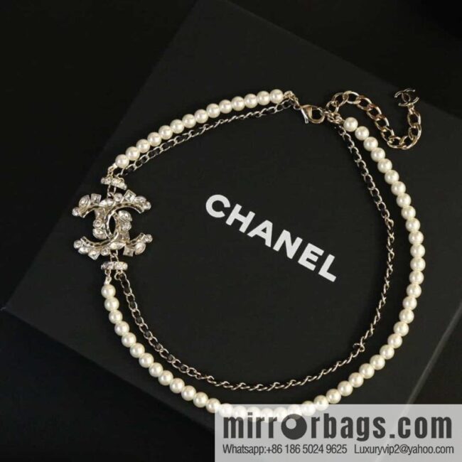 New ☑️ Chanel double c full diamond double layer pearl black leather rope necklace