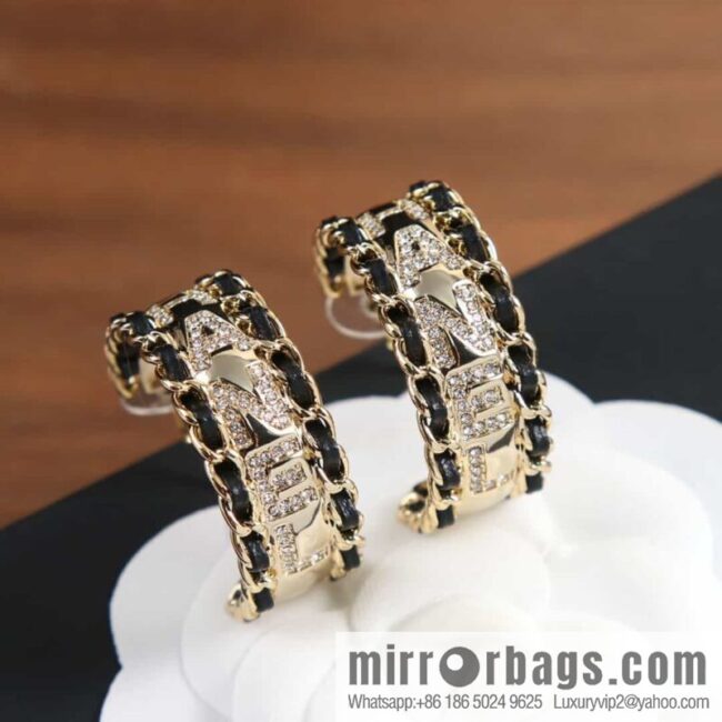 New ☑️ Chanel c1 double c semi-round black leather rope full of diamond letter stud earrings