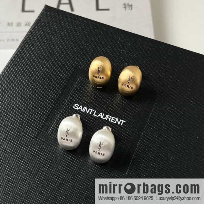 Saint Laurent Silver YSL Brushed Oval Stud Earrings