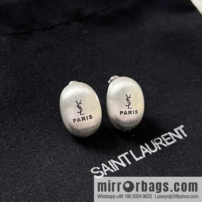 Saint Laurent Silver YSL Brushed Oval Stud Earrings