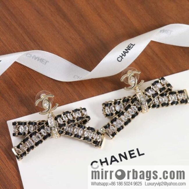 New ☑️ Chanel double c black leather rope bow stud earrings