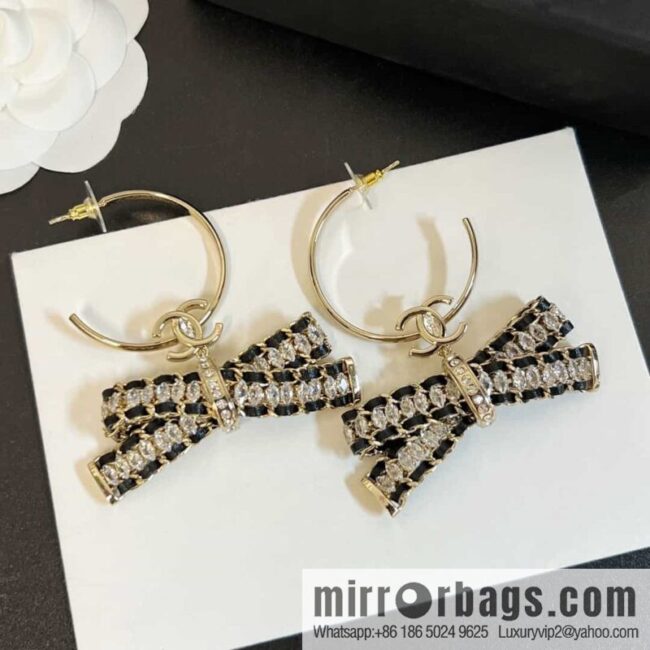 New ☑️ Chanel c2 double c black leather rope bow stud earrings
