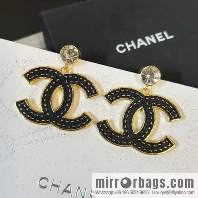 New ☑️ Chanel c2 double c black leather round diamond stud earrings