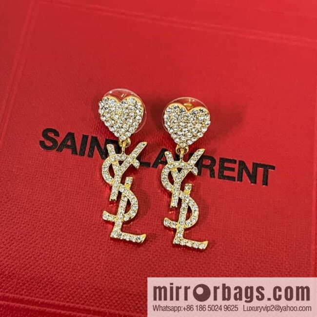 Saint Laurent YSL Love Peach Heart Full Diamond Stud Earrings