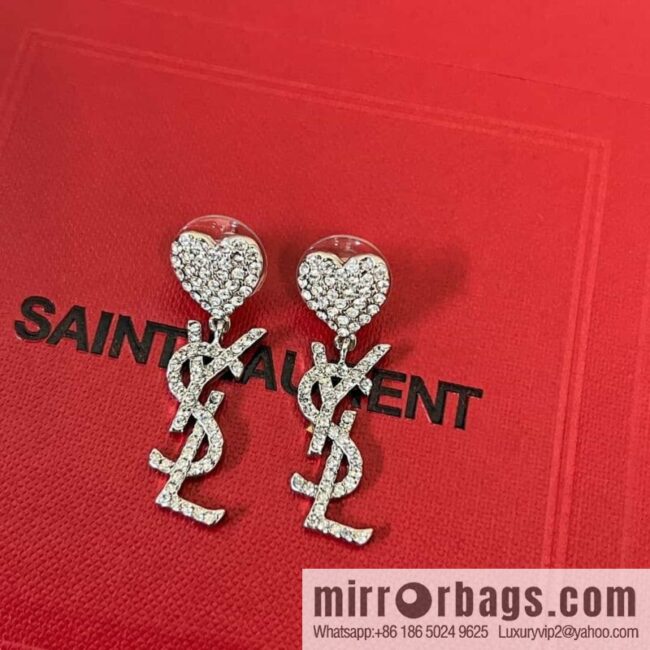 Saint Laurent YSL Love Peach Heart Full Diamond Stud Earrings