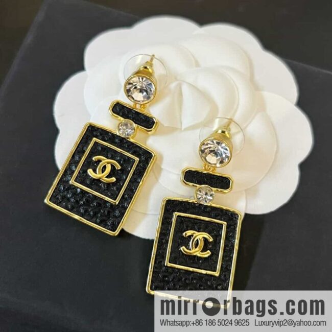 New ☑️ chanel c2 double c black leather perfume bottle stud earrings