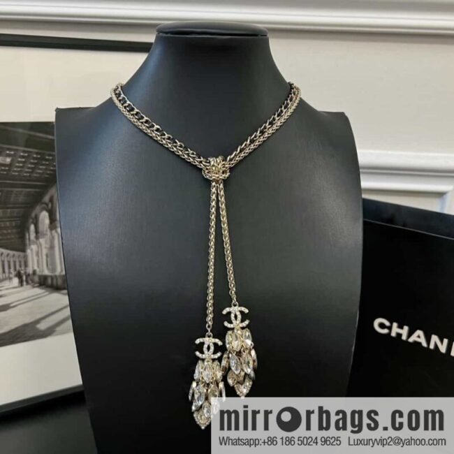 New ☑️ Chanel double c horse eye fringed black leather rope necklace