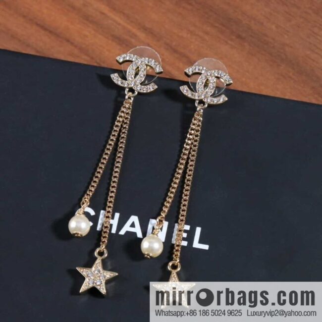 New ☑️ Chanel c2 double c fringed pearl star stud earrings