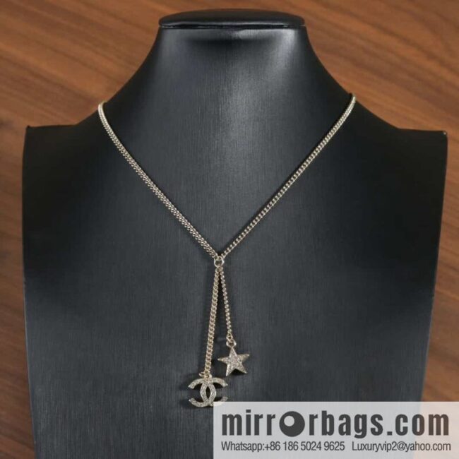 New ☑️ Chanel Full Diamond Double C Pentagram ⭐ Fringe Necklace
