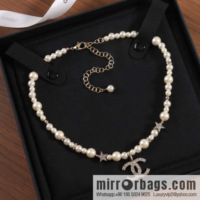 New ☑️ Chanel Full Diamond Double C Pentagram ⭐ Pearl Necklace Necklace