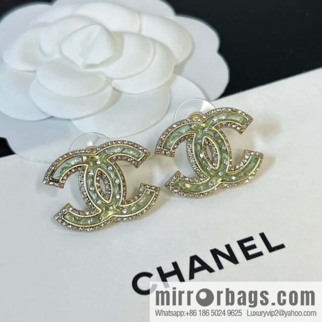 New ☑️ Chanel c1 double c with drill green acrylic stud earrings