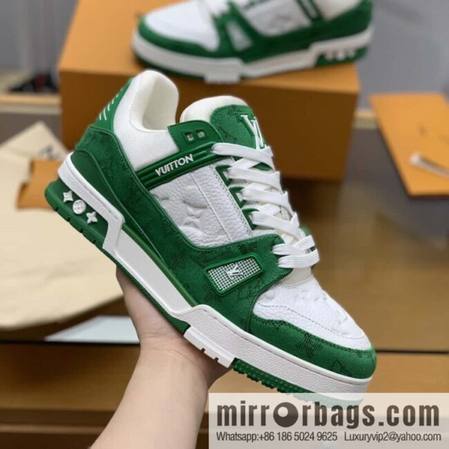 LV green denim patchwork white leather Vuitton logo His & Hers sports running shoes