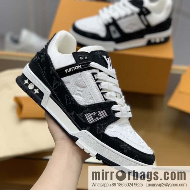 LV black denim patchwork white leather Vuitton logo His & Hers sports running shoes
