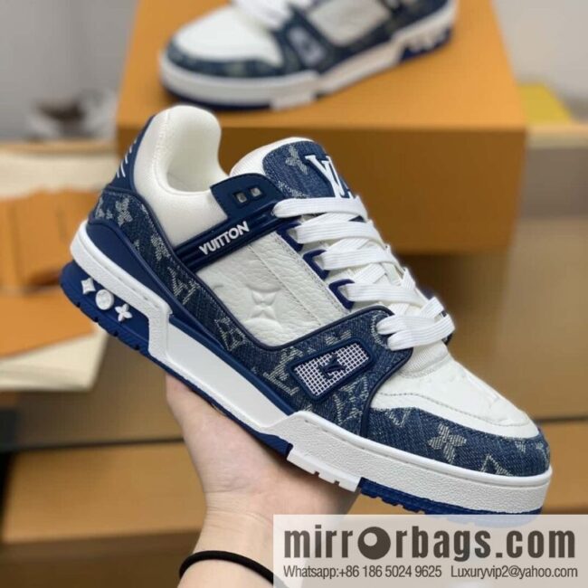 LV blue denim patchwork white leather Vuitton logo His & Hers sports running shoes
