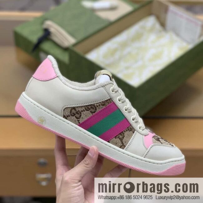 GUCCI GG canvas pink and green webbing, women\'s dirty shoes