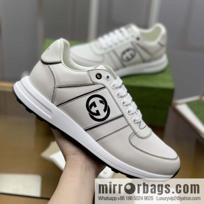 GUCCI white leather with white mesh, men\'s sports running shoes