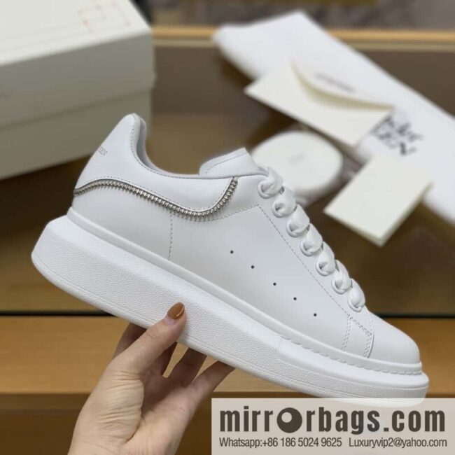Alexander McQueen All-White Zipper, White Calfskin Round Head Sneakers