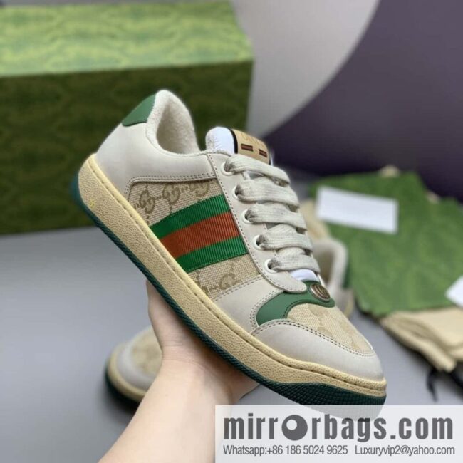 GUCCI Beige Classic GG canvas and distressed leather, small dirty shoes for men and women