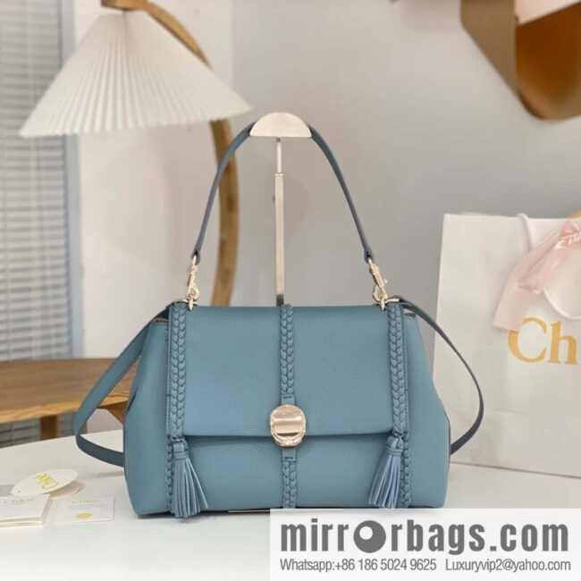Chloe Penelope Gold Coin Bag, Large Dropped Leather, Haze Blue 35cm