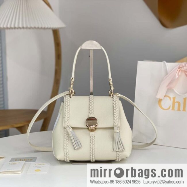 Chloe Penelope Gold Coin Bag, Medium Dropped Leather, White 25CM
