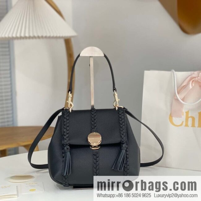 Chloe Penelope Gold Coin Bag, Medium Dropped Leather Black 25CM
