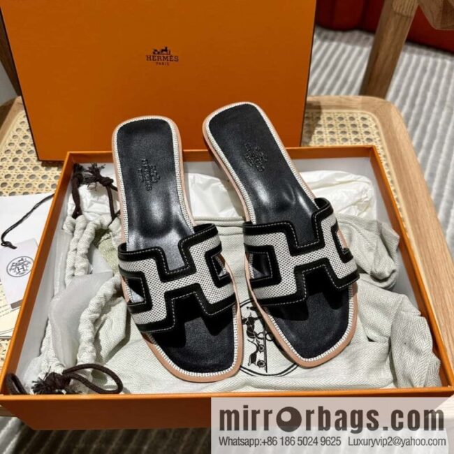 Hermes, canvas leather slippers