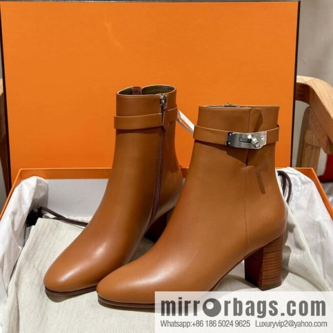 Hermès Kelly Buckle, Calfskin High Heel Boots, Brown