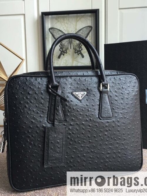 PRADA imported leather ostrich pattern briefcase 2VE368 black