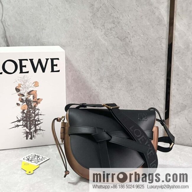 LOEWE upgraded version letter wide shoulder strap saddle bag GateDual handbag 0671 warm sand black