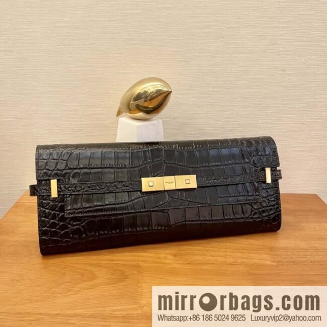 SAINT LAURENT YSL 𝗠𝗮𝗻𝗵𝗮𝘁𝘁𝗮𝗻 𝗖𝗹𝘂𝘁𝗰𝗵_ clutch bag 695949 crocodile pattern black