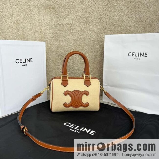 CELINE TRIOMPHE CANVAS Small logo woven cow leather (fabric) Boston bag 113773 linen/brown
