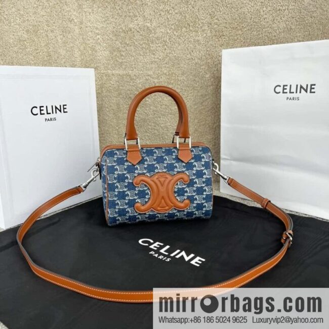 CELINE TRIOMPHE CANVAS S logo woven cow leather (fabric) Boston bag 113773 denim/brown