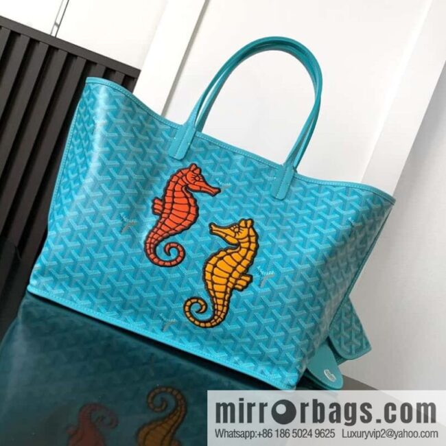wsxc1718892469700_0-800x800yvyuv1ajddd189047_20250708230330.jpg Goyard Goya Anjou Small Bag Goyardine canvas 020166M Seahorse Embroidery - Turquoise Blue Tote Bag shopping bag