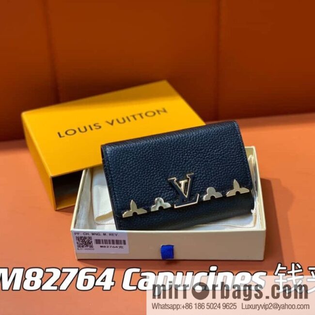 [Boutique‑grade] M82764 black full leather tri-fold wallet series Capucines wallet M82764 82835 white (floral)