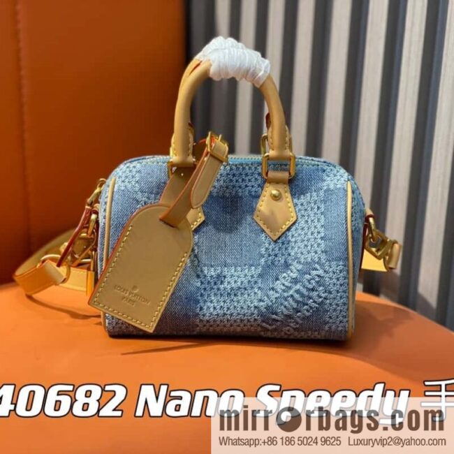 [Premium‑quality] N40682 blue plaid denim pillow bag speedy series Nano Speedy handbag