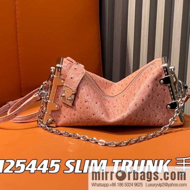 [Boutique‑grade] M25445 pink ostrich pattern full leather, soft box series SLIM TRUNK handbag