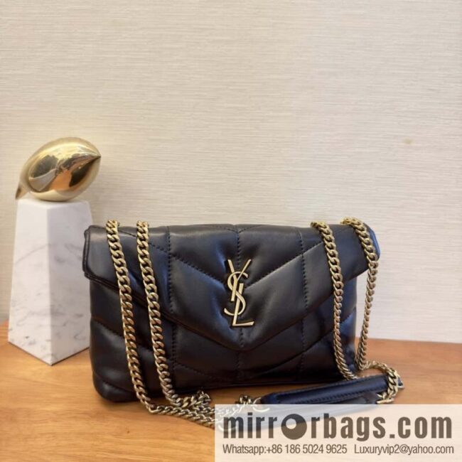 YSL 𝑳𝒐𝒖𝑳𝒐𝒖 𝒑𝒖𝒇𝒇𝒆𝒓 𝒎𝒊𝒏𝒊 2 3CM black gold buckle • double chain strap 759337