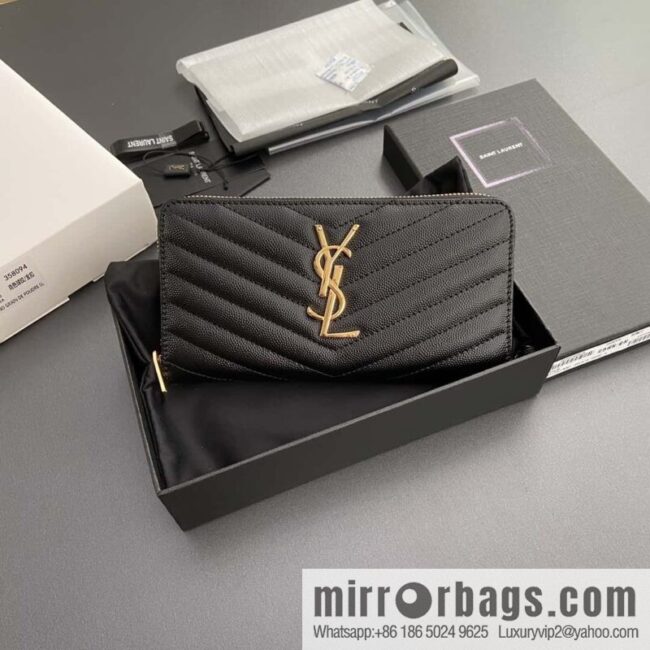 YSL MATELASSE flip grain embossed leather (fabric) wrap around zipper wallet 358094