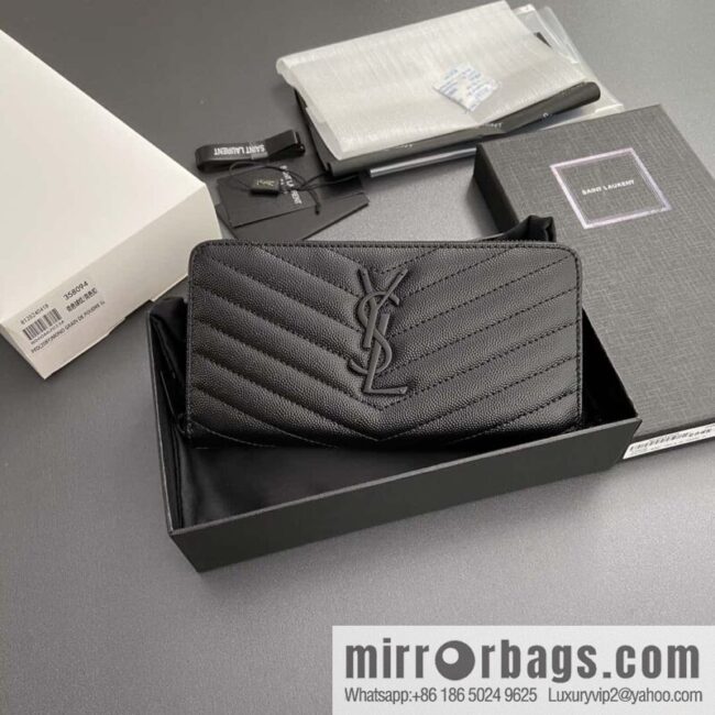 YSL MATELASSE flip grain embossed leather (fabric) wrap around zipper wallet 358094